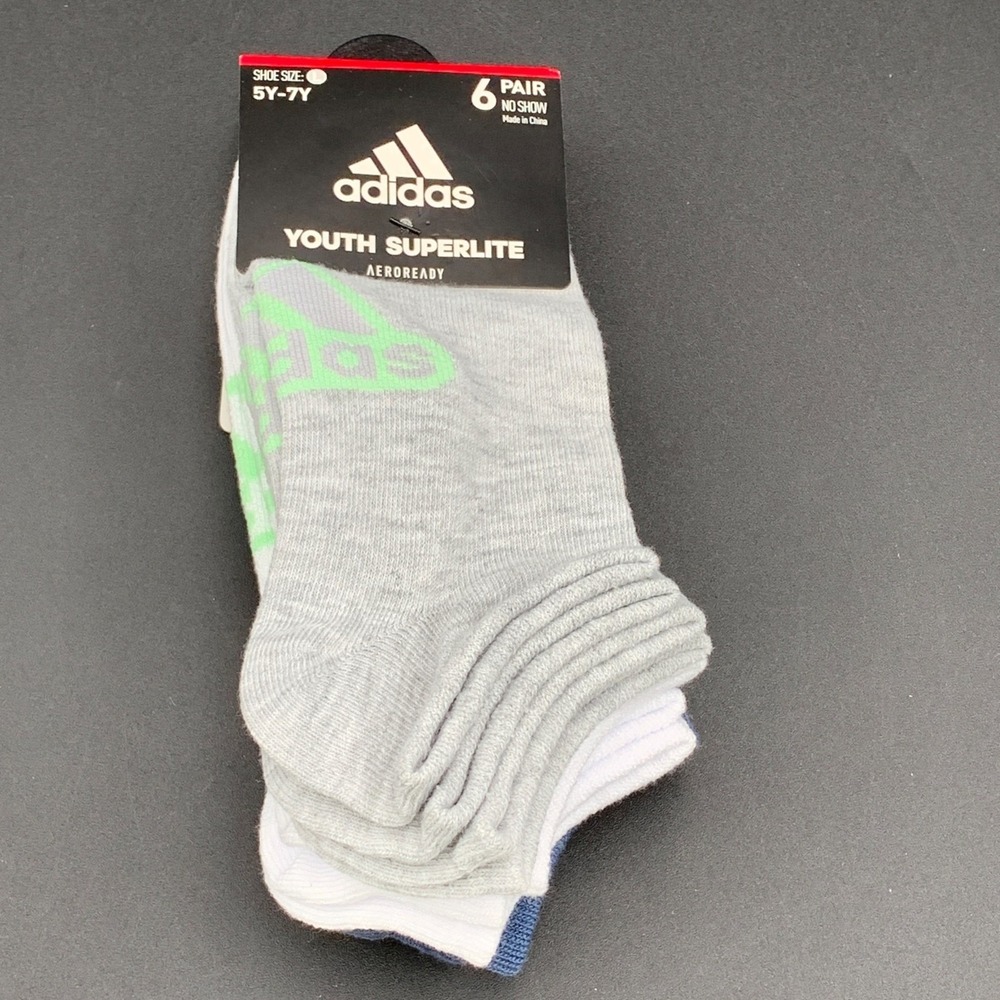 Adidas Youth Superlite‎ No Show Socks 6-Pack L 5Y-7Y Aeroready Blue Gray White